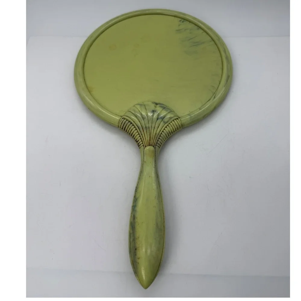 Vintage Art Deco Style Marbled Lime Green Shell Hand Mirror Vanity Accessory